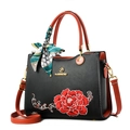 Elegant black embroidered handbag with red peony floral design and decorative scarf - One Size / Black