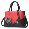 Red and black leather tote bag with floral embroidery and grey pompom keychain charm - Double Flower Decor Style / Red