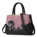 Pink and black two-tone handbag with floral embroidery and fluffy ball charm accessory - Double Flower Decor Style / Purple