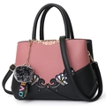 Pink and black two-tone PU leather handbag with floral embroidery and grey pompom charm - Double Flower Decor Style / Dusty Pink