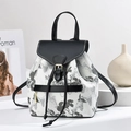 Women's white fashion backpack with crane pine embroidery and black leather straps - Black