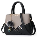 Women's handbag in grey and black bicolor PU leather with floral embroidery and pompom - Double Flower Decor Style / Gray