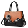Brown and black contrast tote bag with floral embroidery and grey faux fur pompom - Double Flower Decor Style / Orange