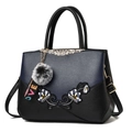 Blue and black PU leather tote with floral embroidery and a grey faux fur pompom charm - Double Flower Decor Style / Dark Blue