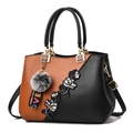Brown and black faux leather handbag with floral embroidery and grey faux fur pom pom - Classic / Orange