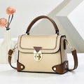Elegant beige and brown leather crossbody square bag with gold twist lock and top handle - Khaki