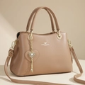 Caramel brown large tote bag for women featuring a gold logo and heart pendant charm - Khaki