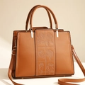 Brown PU leather handbag with rose embroidery and adjustable shoulder strap for women - Brown
