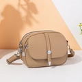 Khaki pebbled leather shoulder bag with three-layer zipper and silver metal hardware - Apricot
