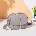 Gray-purple lychee pattern leather crossbody bag with triple zippers and silver buckle - Gray