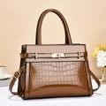 Brown crocodile embossed tote bag with top handles and adjustable shoulder strap - Brown