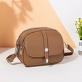 Brown litchi grain leather crossbody bag with multiple zipper compartments and silver hardware - Brown