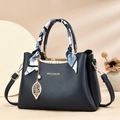 Navy blue lychee grain leather tote bag with silk scarf handle and gold leaf pendant - Blue