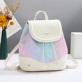Pastel gradient floral backpack for women with leather trim and drawstring closure - White