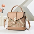 Sac bandoulière style ethnique avec motif jacquard géométrique et cuir beige cousu - Kaki