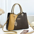 Vintage dark brown and ginger patchwork tote bag with monogram and leaf charm - Coffee/Yellow