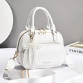 White leather handbag for women with pearl bow charm and wide fabric strap - White