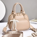 Beige PU leather bowling handbag with woven strap and pearl bow charm for women - Khaki