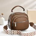 Brown litchi grain faux leather handbag with three zippers and printed wide strap - Coffee