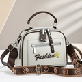 Grey-white shell handbag with brown handles, fashion embroidery and floral strap - Gray