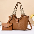 Brown faux snakeskin tote bag set with gold chain handle and detachable strap for women - Earthy Yellow