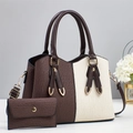 Chic two-piece tote bag set with vertical pleats and brown contrast handles in 2025 style - Coffee and White