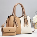 Two-piece set of beige and khaki patchwork leather handbag with matching wallet and metal detail - Khaki and White