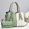 Green and cream contrast patchwork tote bag set with pleated texture and gold hardware - 28x13x20cm / Green