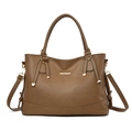 Borsa tote in pelle marrone a grana litchi con doppi manici e dettagli dorati - Cachi