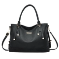 Grande borsa a mano in pelle nera con trama litchi ed eleganti decorazioni in metallo oro - Nero