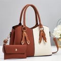 Borsa bicolore marrone e bianca con trama a onde e dettagli in metallo oro - 28x13x20cm / Giallo Terra
