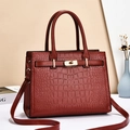 Deep red crocodile embossed leather tote bag with gold metal lock and shoulder strap - Crocodile / Burgundy