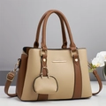 Chic beige and brown patchwork leather tote bag with a small coin purse and orchid accents - Khaki