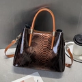 Women's vintage dark brown snakeskin embossed backpack with orange handles and gold hardware - Earthy Yellow
