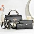 Three-piece black textured PU leather handbag set with floral patterns and gold accents - Bag Set / Black