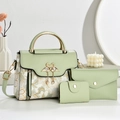 Sage green three-piece handbag set with floral print and elegant swan hardware - Bag Set / Green