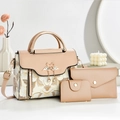Three-piece apricot handbag set with floral embroidery and elegant pearl swan pendant - Bag Set / Khaki