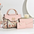 Pink 3-piece bag set with floral embroidery and golden swan buckle detail - Bag Set / Pink