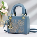 Blue leather bucket bag with gold floral embroidery and metallic ring charms - 19*8*15CM / Blue (Embroidery Style)