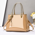 Elegant khaki patent leather tote bag with woven gold handles and adjustable shoulder strap - Khaki
