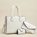 Three-piece white faux leather tote set with crocodile texture and golden metal accents - White