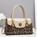 Leopard print and beige patent leather handbag with gold metal clasp and shoulder strap - Light Khaki