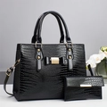 Chic black crocodile embossed tote and long wallet set with gold hardware accents - Black