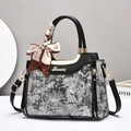 Large capacity black and white patterned tote bag with leather handles and silk scarf - Black