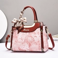 Floral jacquard tote bag in dark red and pink with silk scarf and shoulder strap - Red