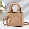 Caramel brown bucket bag with floral embroidery, crown motif and gold letter charms - 19*8*15CM / Coffee (Embroidery Style)