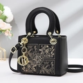 Elegant black handbag with golden floral embroidery and metallic R charm pendant - 19*8*15CM / Black (Embroidery Style)