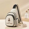 Bolso bandolera de lona beige con bordado de dibujos animados y ribete de cuero negro - Negro