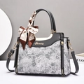 Large gray leather tote bag with jacquard flower pattern and silk scarf on handle - Gray