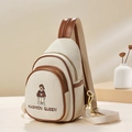 Bolso de pecho de lona blanco roto con ribete de cuero marrón y bordado de oso de moda - 16*8*25CM / Marrón Amarillento